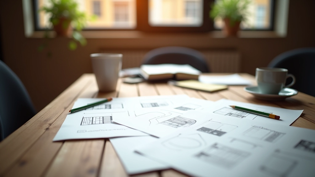 Tavolo con fogli di storyboard e appunti di progettazione, matite colorate e caffè accanto, luce naturale