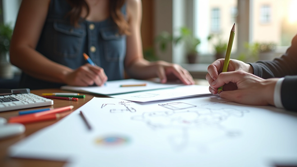 Tavolo di lavoro creativo con fogli di scena, matite colorate e note sparse, ambiente di brainstorming naturale