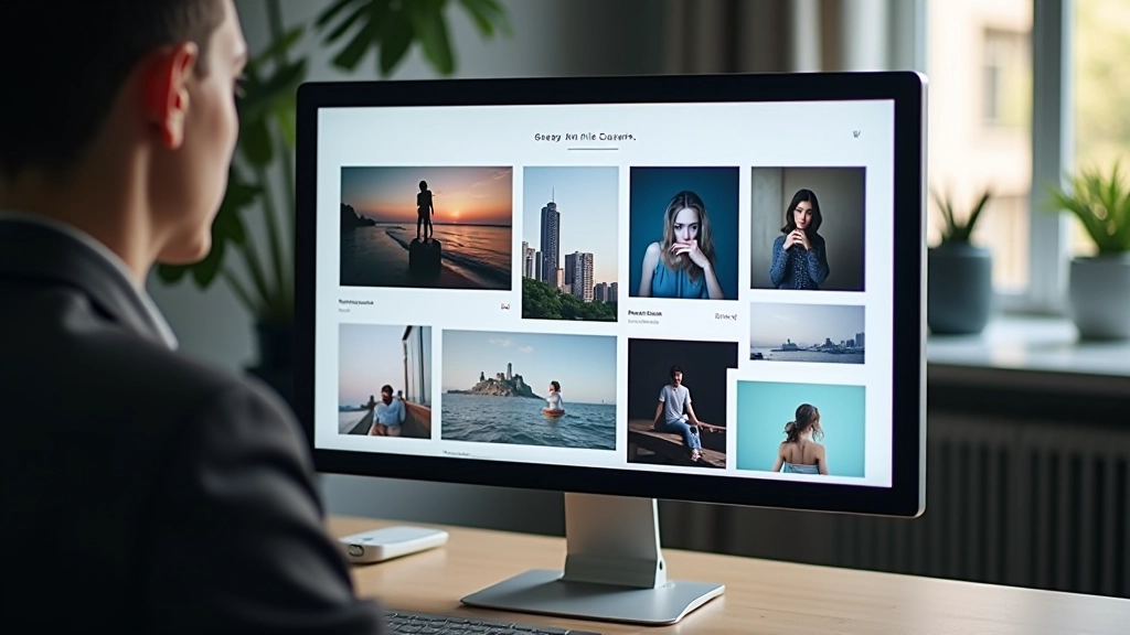 Portfolio digitale visualizzato su grande monitor, vetrina di lavori di motion design con thumbnails ben organizzate