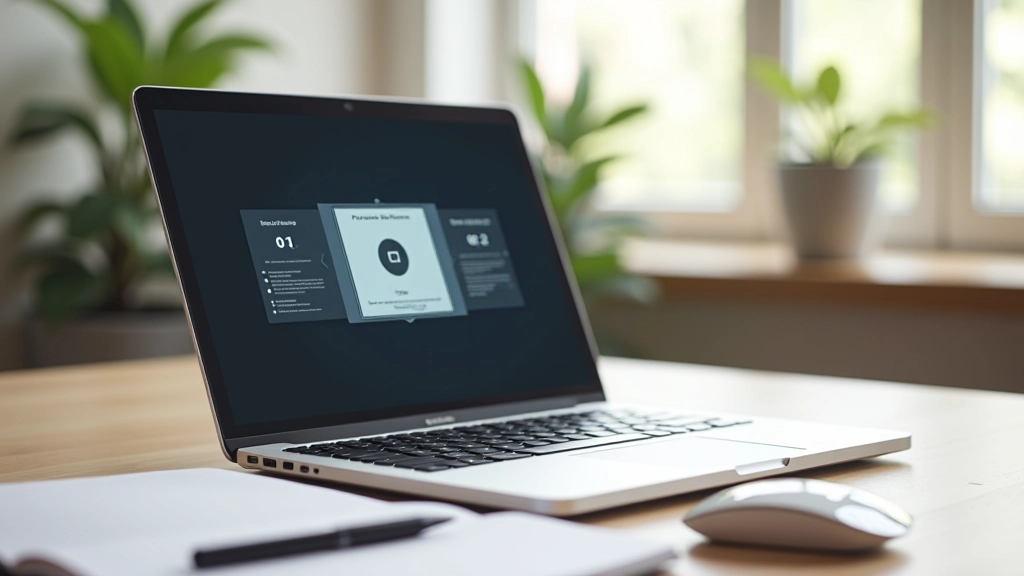 Laptop mostrando presentazione con slide minimalista, testo grande e immagini di motion design, su tavolo di lavoro luminoso