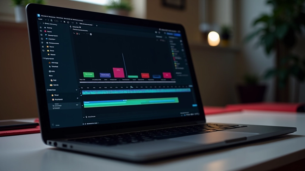 Timeline di editing su software di motion design con marcatori colorati e waveform audio, schermo full-color
