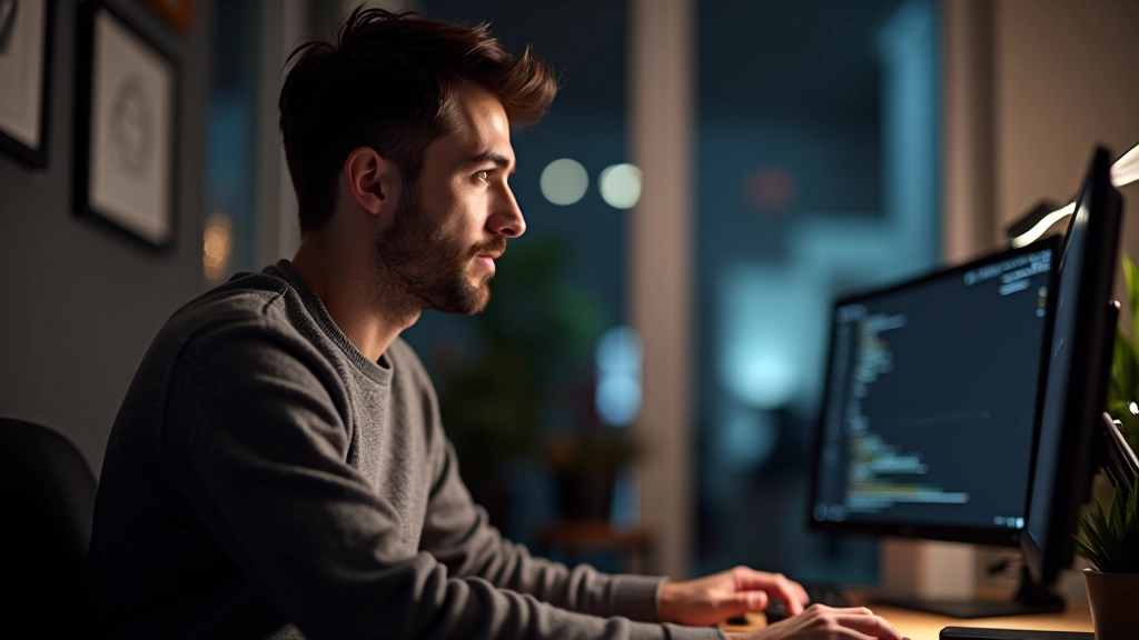 Designer che visualizza frame di showreel su monitor ad alta risoluzione in uno studio di motion design moderno, luci morbide