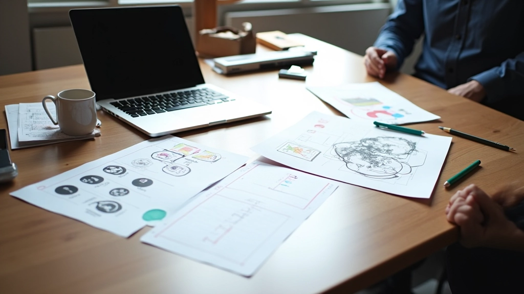 Tavolo da riunione con laptop, tablet e sketches cartacei per presentazione, penne colorate, luce naturale