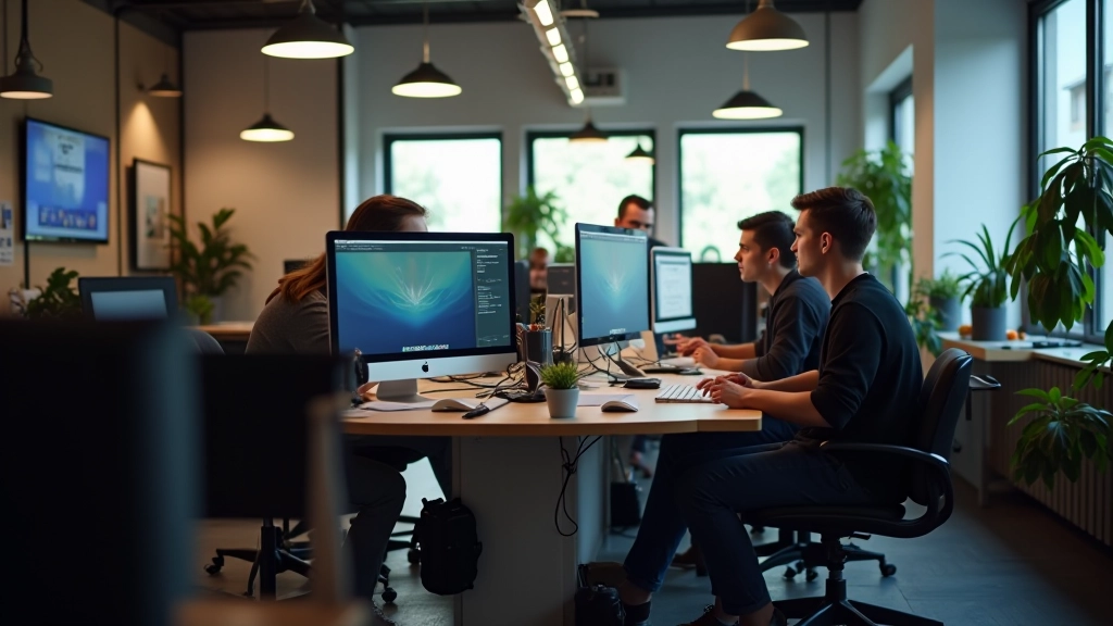Spazio di lavoro in agenzia creativa con più designer che collaborano, ambiente moderno con monitor e strumenti di lavoro
