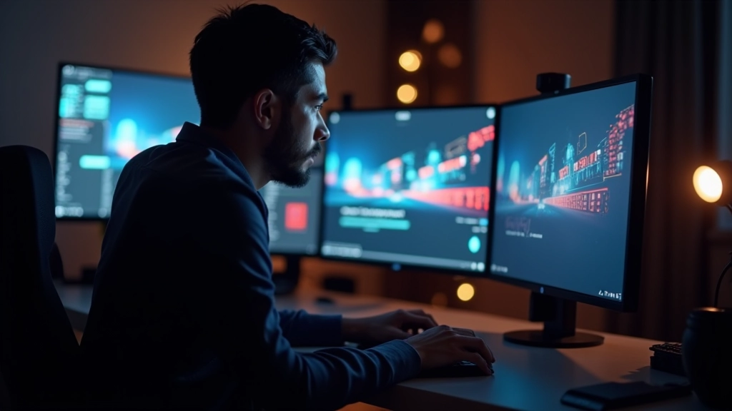 Designer al computer mentre edita una sequenza video con software professionale, luci studio, schermo luminoso