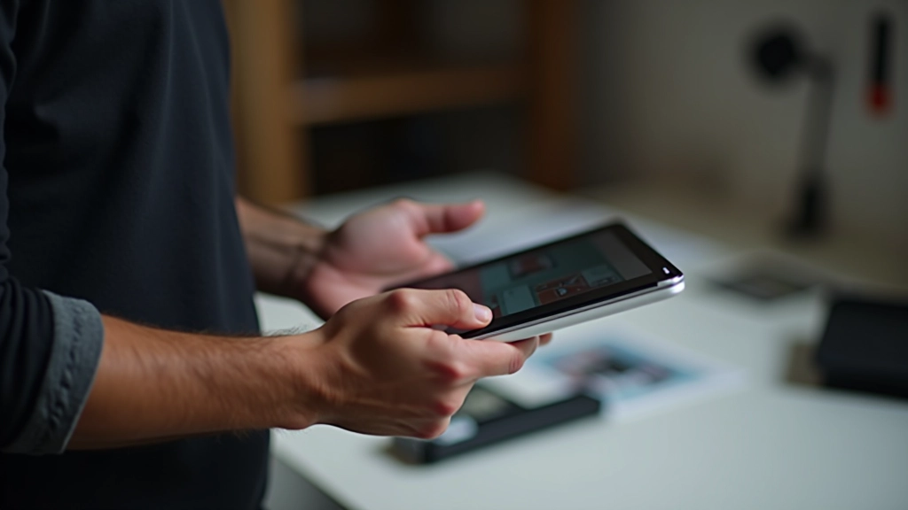 Designer professionista che esamina il portfolio su tablet, spazio di lavoro creativo con campioni di design sullo sfondo