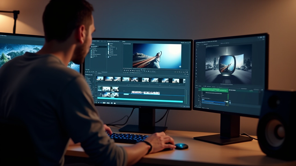 Schermo del computer che mostra una timeline di editing video con clip colorate e marcatori di tempo, workstation creativa moderna