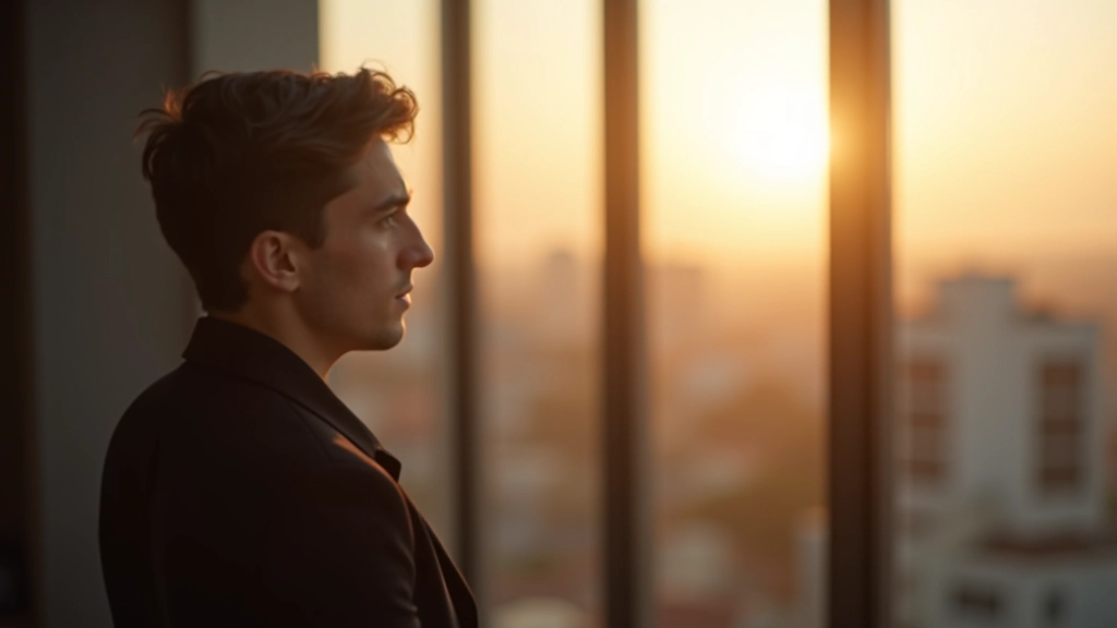 Giovane designer che guarda fuori dalla finestra dello studio, vista della città di Milano sullo sfondo, luce dorata