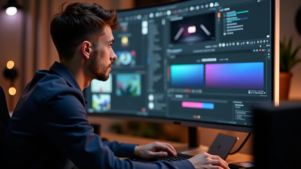 Giovane professionista che lavora al computer in uno studio di design, focus su schermo con software di motion design aperto